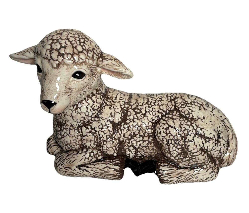 Vintage Scioto Ceramic Lamb Sheep Figurine Pottery Glazed Brown White 8"H x 9"L